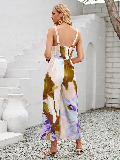 Women's Elegant Floral Print Shoulder Strap Hollow Jumpsuit