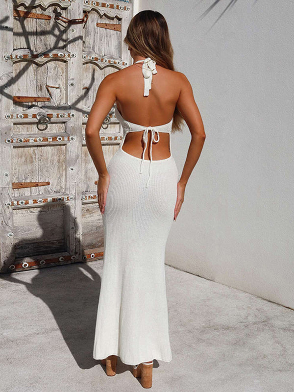 Women's Fashionable Halter Neck Sexy Low-Cut Backless Knitted Hollow See-Through Maxi Dress