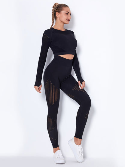 Women's Seamless Striped Long-Sleeve High-Waist Pants Quick-Drying Yoga Wear Sportswear Set