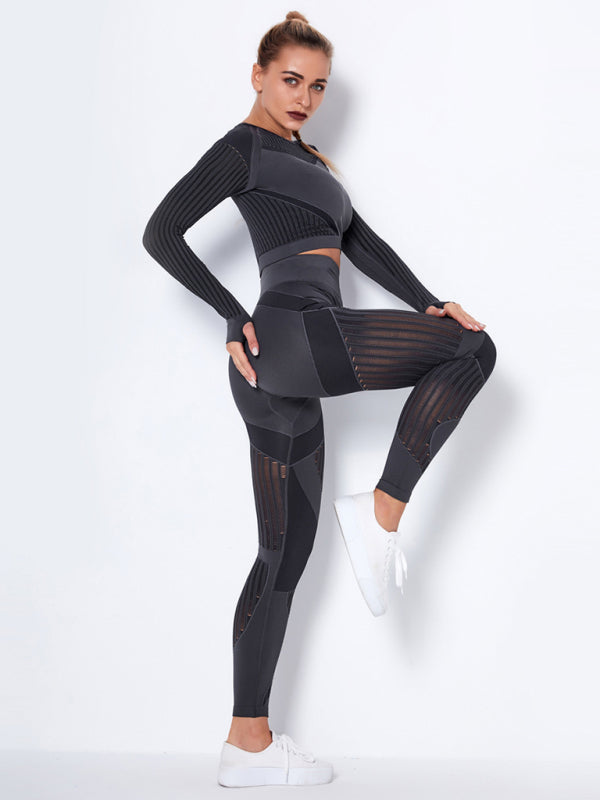 Women's Seamless Striped Long-Sleeve High-Waist Pants Quick-Drying Yoga Wear Sportswear Set