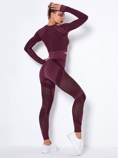 Women's Seamless Striped Long-Sleeve High-Waist Pants Quick-Drying Yoga Wear Sportswear Set