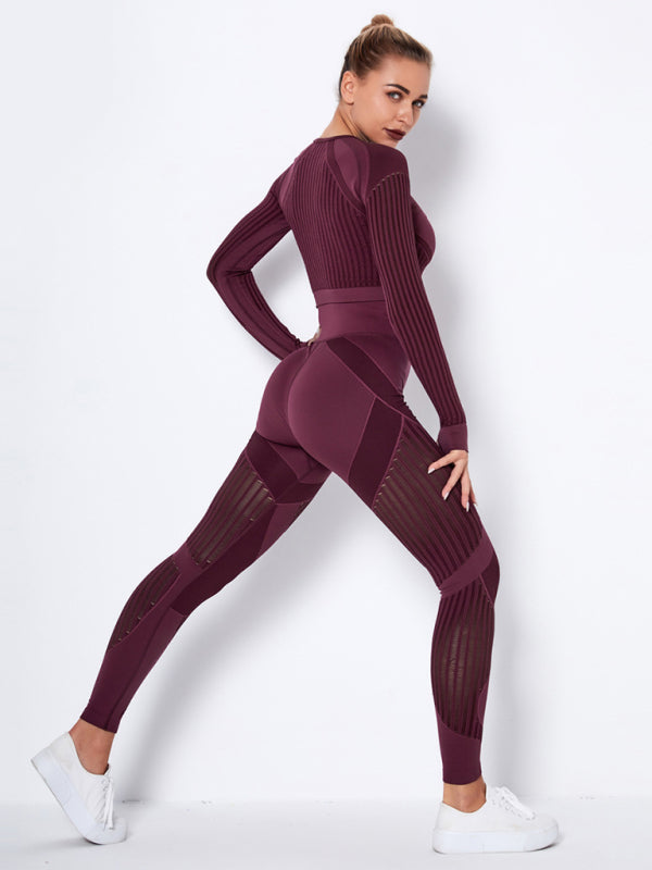 Women's Seamless Striped Long-Sleeve High-Waist Pants Quick-Drying Yoga Wear Sportswear Set