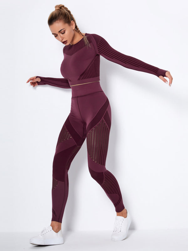 Women's Seamless Striped Long-Sleeve High-Waist Pants Quick-Drying Yoga Wear Sportswear Set