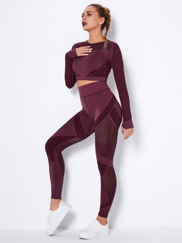 Women's Seamless Striped Long-Sleeve High-Waist Pants Quick-Drying Yoga Wear Sportswear Set