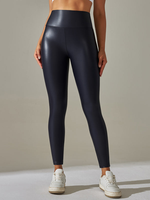 Women's Neon High Waist Tight Fit PU Leather Solid Color Leggings