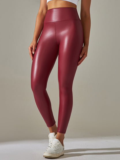 Women's Neon High Waist Tight Fit PU Leather Solid Color Leggings