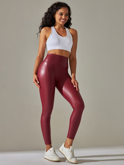 Women's Neon High Waist Tight Fit PU Leather Solid Color Leggings