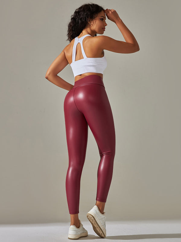 Women's Neon High Waist Tight Fit PU Leather Solid Color Leggings