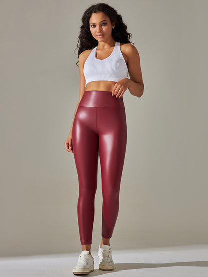 Women's Neon High Waist Tight Fit PU Leather Solid Color Leggings