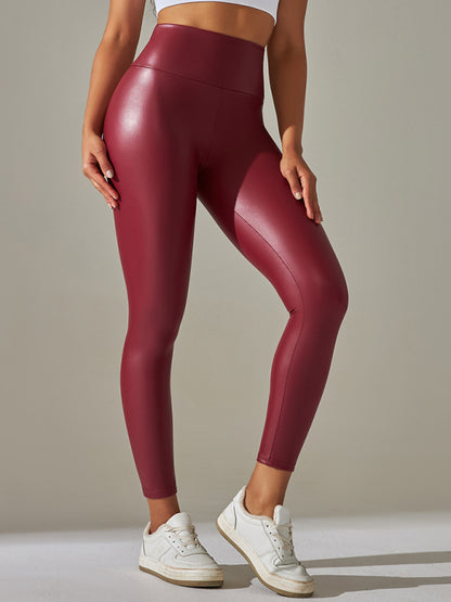 Women's Neon High Waist Tight Fit PU Leather Solid Color Leggings