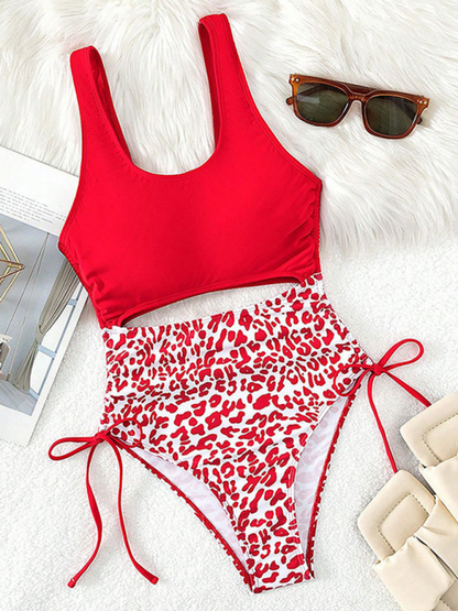 Women's Leopard Print U-Neck Hollow Contrast One-Piece Swimsuit