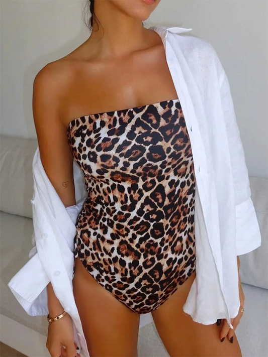 Women's Classy Animal Print Slim Fit Bandeau One-Piece Swimsuit