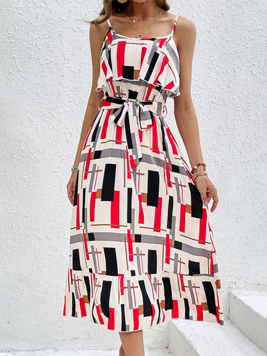 Women's Retro Striped Print Resort Style Lace-Up Midi Dress