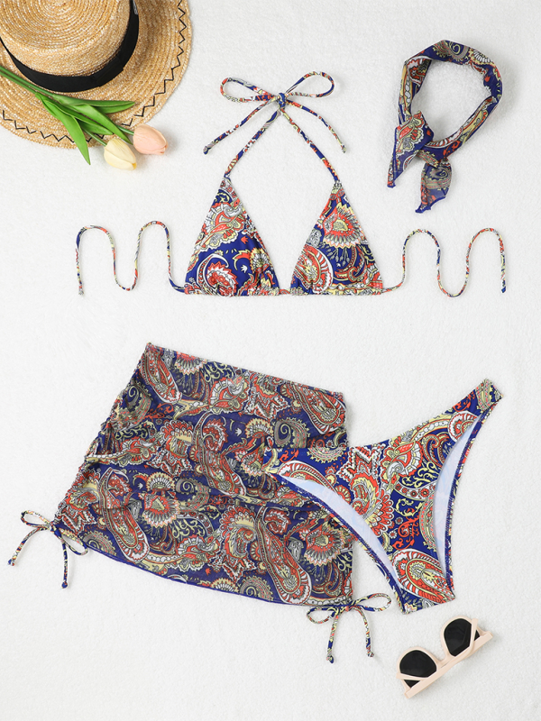 Cashew Floral Paisley Print Lace-Up Four-Piece Bandana Bikini Skirt Set