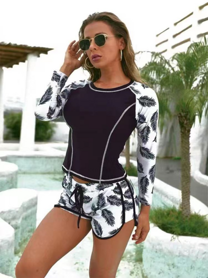 Women's Diving Surfing Suit Long Sleeve Floral Printed Split Rashguard Shorts Set