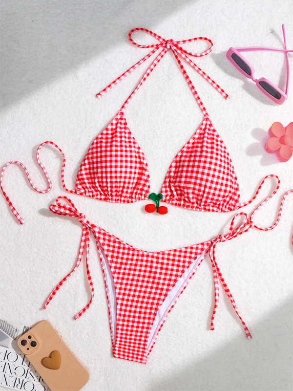 Women's Sweet Cherry Pop Checkered Striped Two-Piece Bikini