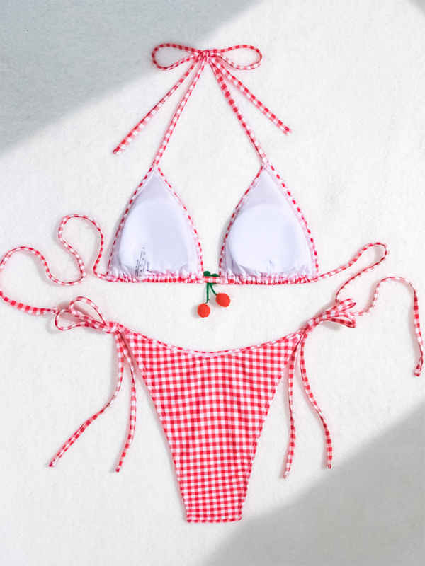 Women's Sweet Cherry Pop Checkered Striped Two-Piece Bikini