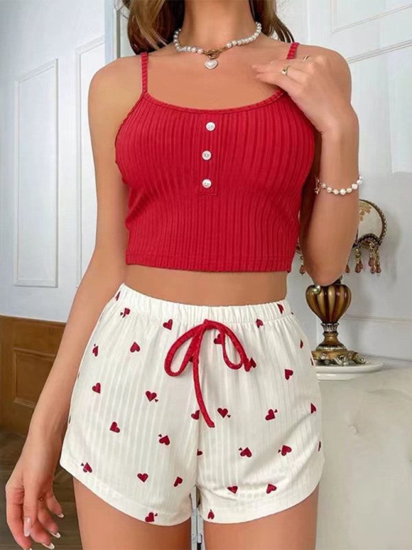 Women's Cutesy Love Heart Printed Casual Top & Shorts Homewear Set