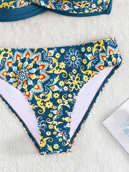 Women's Colorful Tropical Floral Print Criss-Cross Split Boxer Shorts Bikini Set