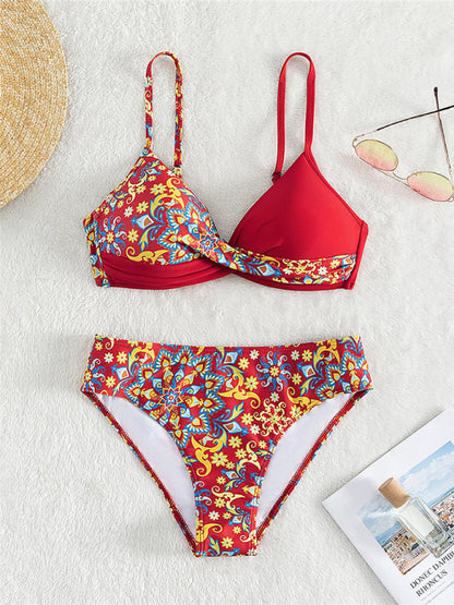 Women's Colorful Tropical Floral Print Criss-Cross Split Boxer Shorts Bikini Set