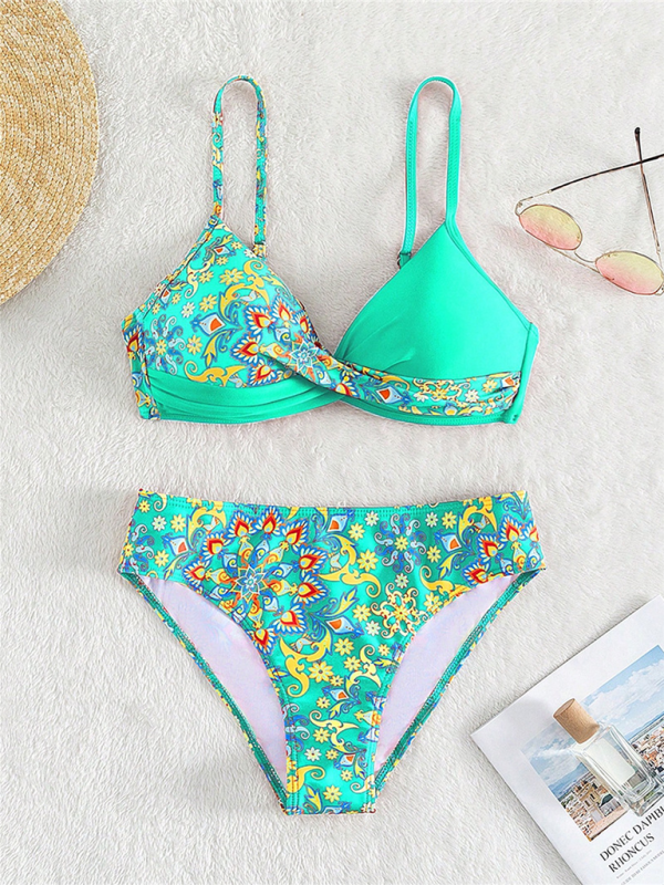 Women's Colorful Tropical Floral Print Criss-Cross Split Boxer Shorts Bikini Set