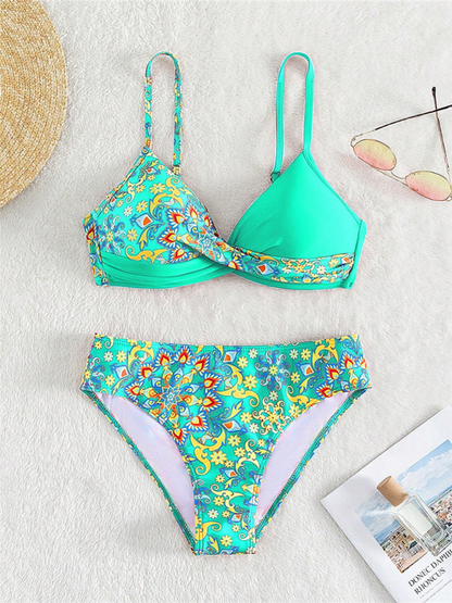 Women's Colorful Tropical Floral Print Criss-Cross Split Boxer Shorts Bikini Set