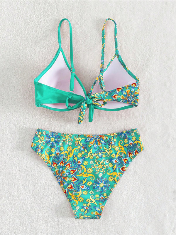 Women's Colorful Tropical Floral Print Criss-Cross Split Boxer Shorts Bikini Set