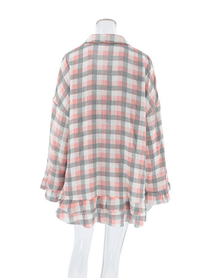 Plaid 3-Piece Women's Loungewear Set with Ruffled Long-Sleeve Tube Top & Shorts