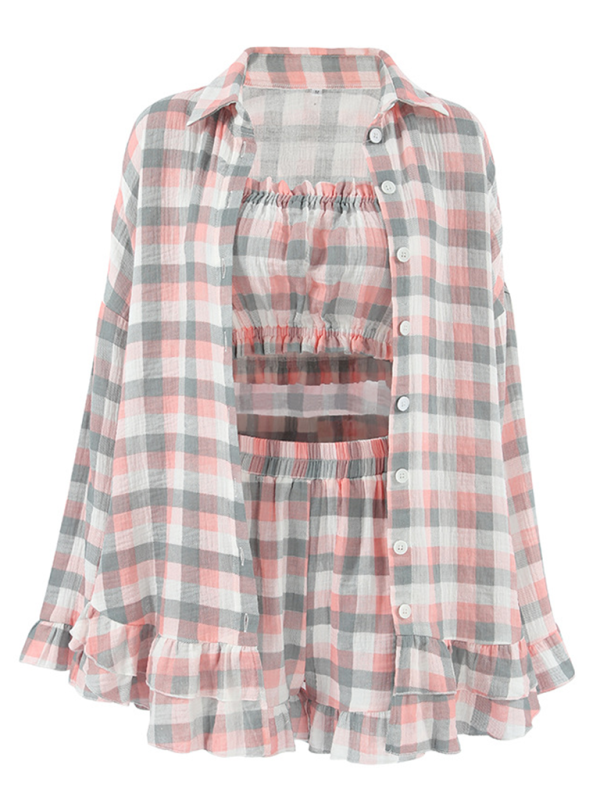 Plaid 3-Piece Women's Loungewear Set with Ruffled Long-Sleeve Tube Top & Shorts