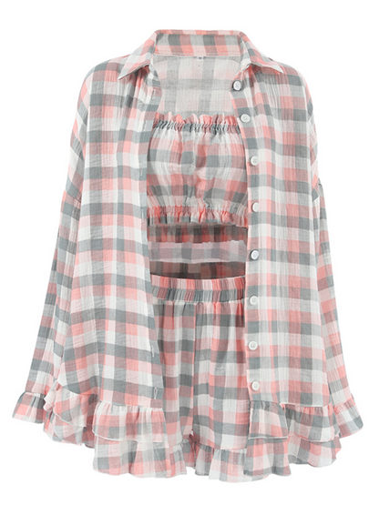 Plaid 3-Piece Women's Loungewear Set with Ruffled Long-Sleeve Tube Top & Shorts