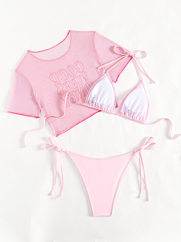 Women's Sexy GOOD VIBES ONLY Cute Pink Three-Piece Bikini Set