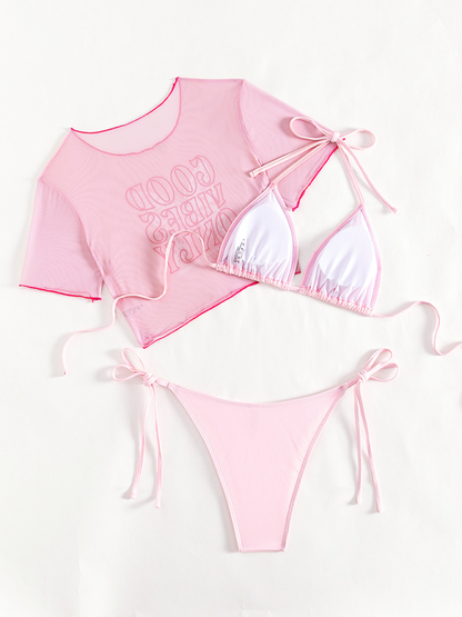 Women's Sexy GOOD VIBES ONLY Cute Pink Three-Piece Bikini Set