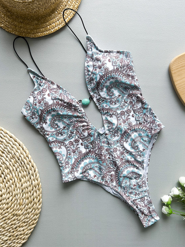 Deep V Halter Strap Paisley Floral Print One-Piece Swimsuit