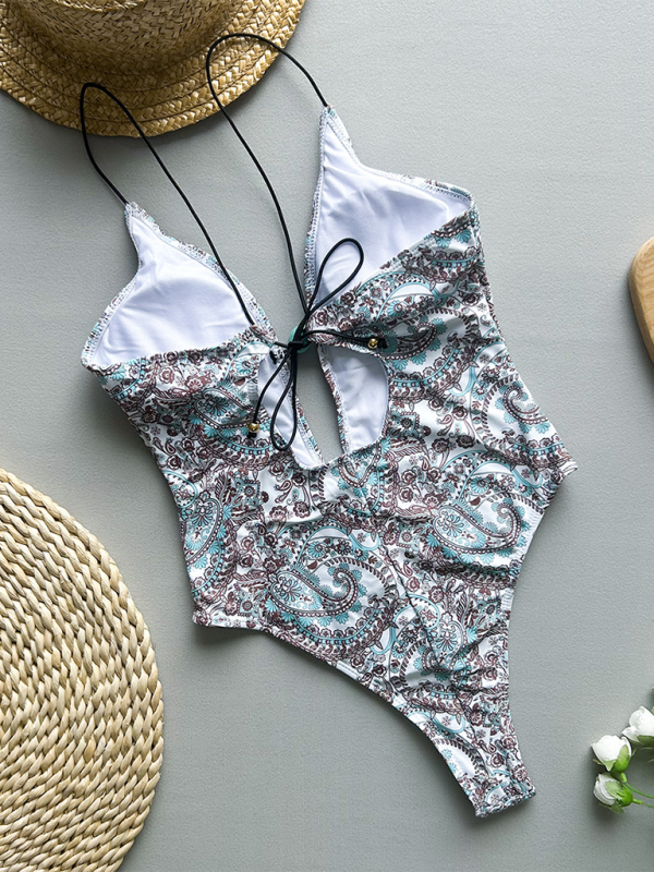 Deep V Halter Strap Paisley Floral Print One-Piece Swimsuit