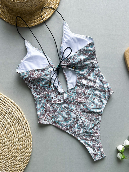 Deep V Halter Strap Paisley Floral Print One-Piece Swimsuit