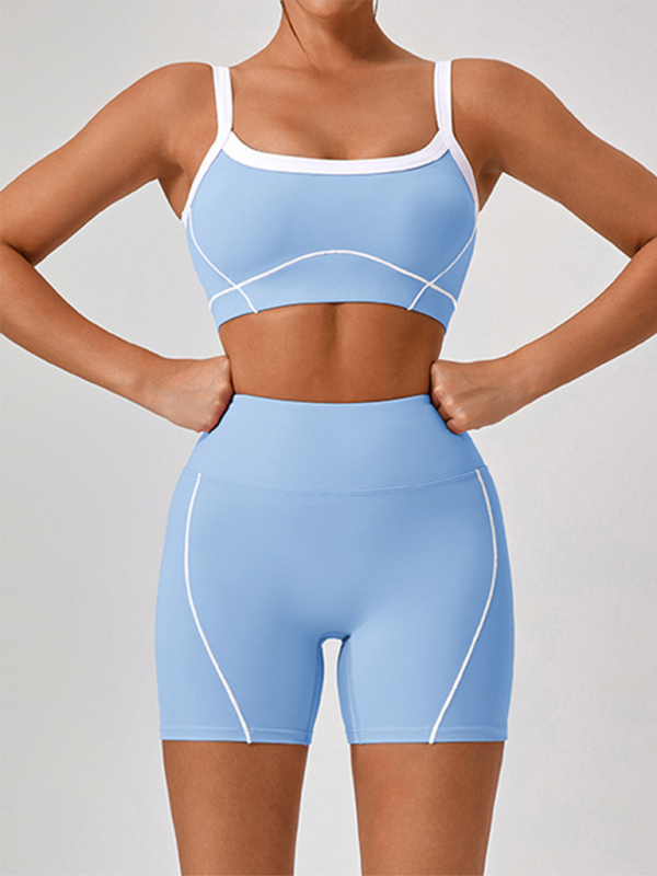 Skinny Outdoor Sports Spaghetti Strap Contrast Color Suspender Bra & Shorts Yoga Set