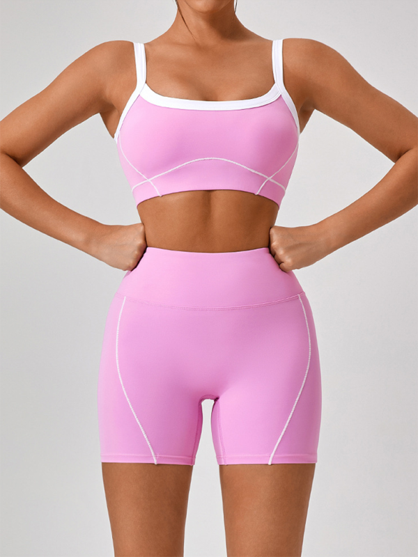 Skinny Outdoor Sports Spaghetti Strap Contrast Color Suspender Bra & Shorts Yoga Set