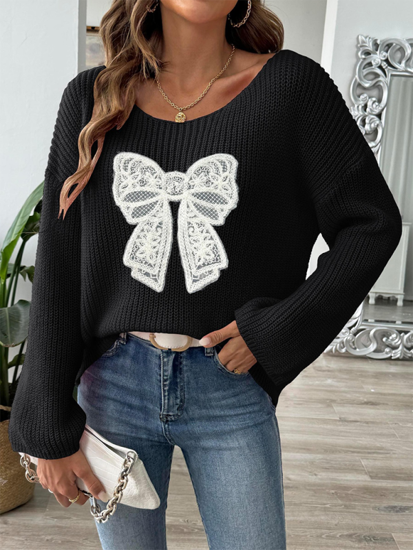 Women's Bow Embroidered Applique Pullover Off-Shoulder Strapless Flare Sleeve Sweater