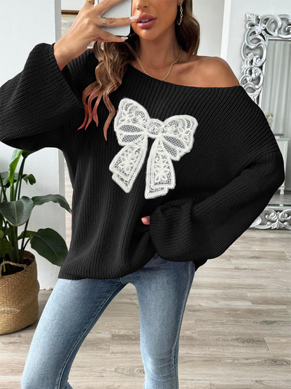 Women's Bow Embroidered Applique Pullover Off-Shoulder Strapless Flare Sleeve Sweater