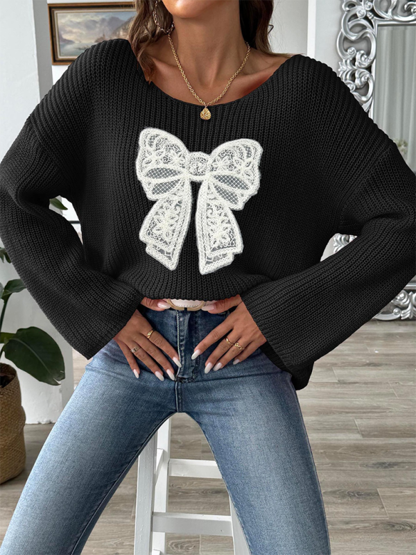 Women's Bow Embroidered Applique Pullover Off-Shoulder Strapless Flare Sleeve Sweater