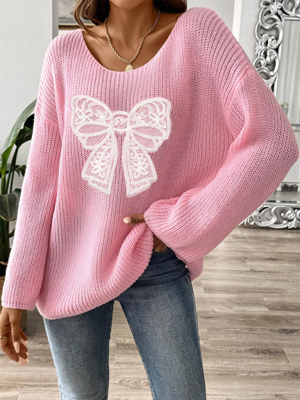 Women's Bow Embroidered Applique Pullover Off-Shoulder Strapless Flare Sleeve Sweater