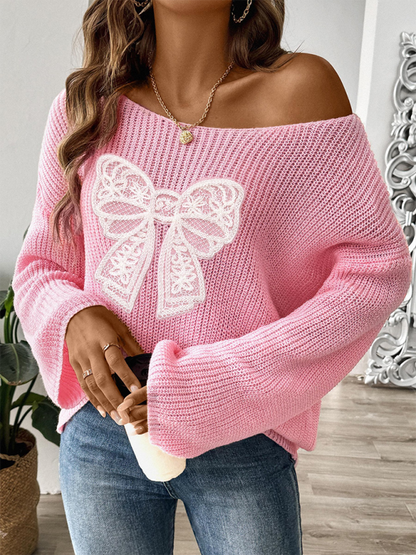 Women's Bow Embroidered Applique Pullover Off-Shoulder Strapless Flare Sleeve Sweater