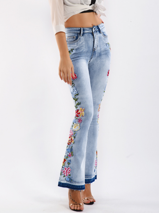 Women's Exotic Floral Embroidered Denim Flare Pants