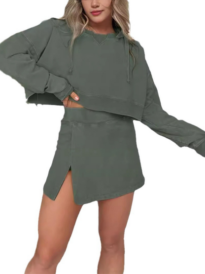 Women's Long-Sleeved Hooded Cropped Sweatshirt & Mini Skirt Set