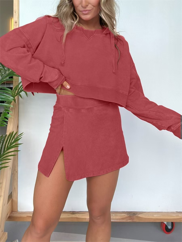 Women's Long-Sleeved Hooded Cropped Sweatshirt & Mini Skirt Set