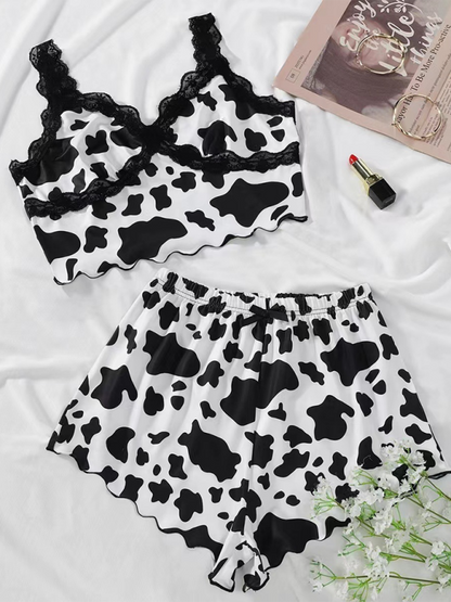 Cow Print Camisole Top Lace Lace Shorts Loungewear Pajama Set