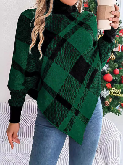 Christmas Casual Contrast Plaid Turtleneck Long Sleeve Poncho Sweater