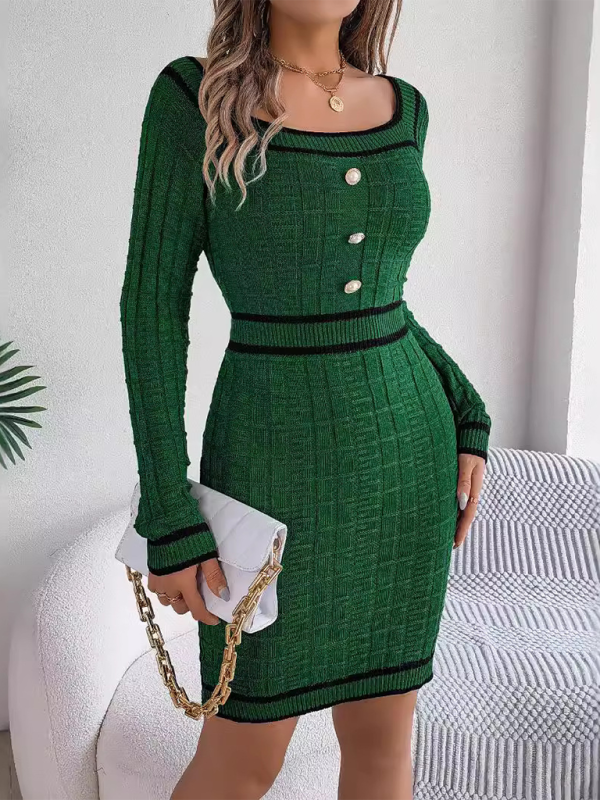 Women's Elegant Square Neck Buttoned Top Long Sleeve Mini Sweater Dress