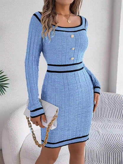 Women's Elegant Square Neck Buttoned Top Long Sleeve Mini Sweater Dress