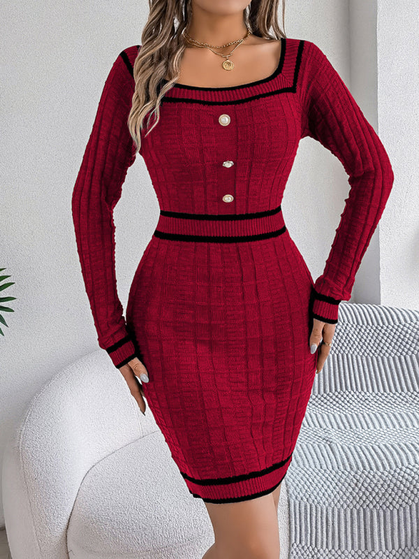 Women's Elegant Square Neck Buttoned Top Long Sleeve Mini Sweater Dress